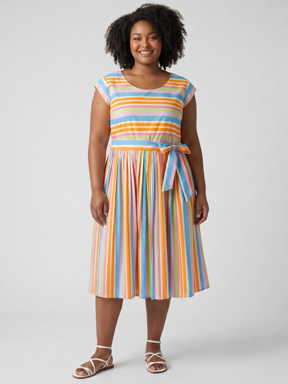 Fever London Sorbet All Day Rainbow Stripe Fit & Flare Dress US 14 Retro Casual